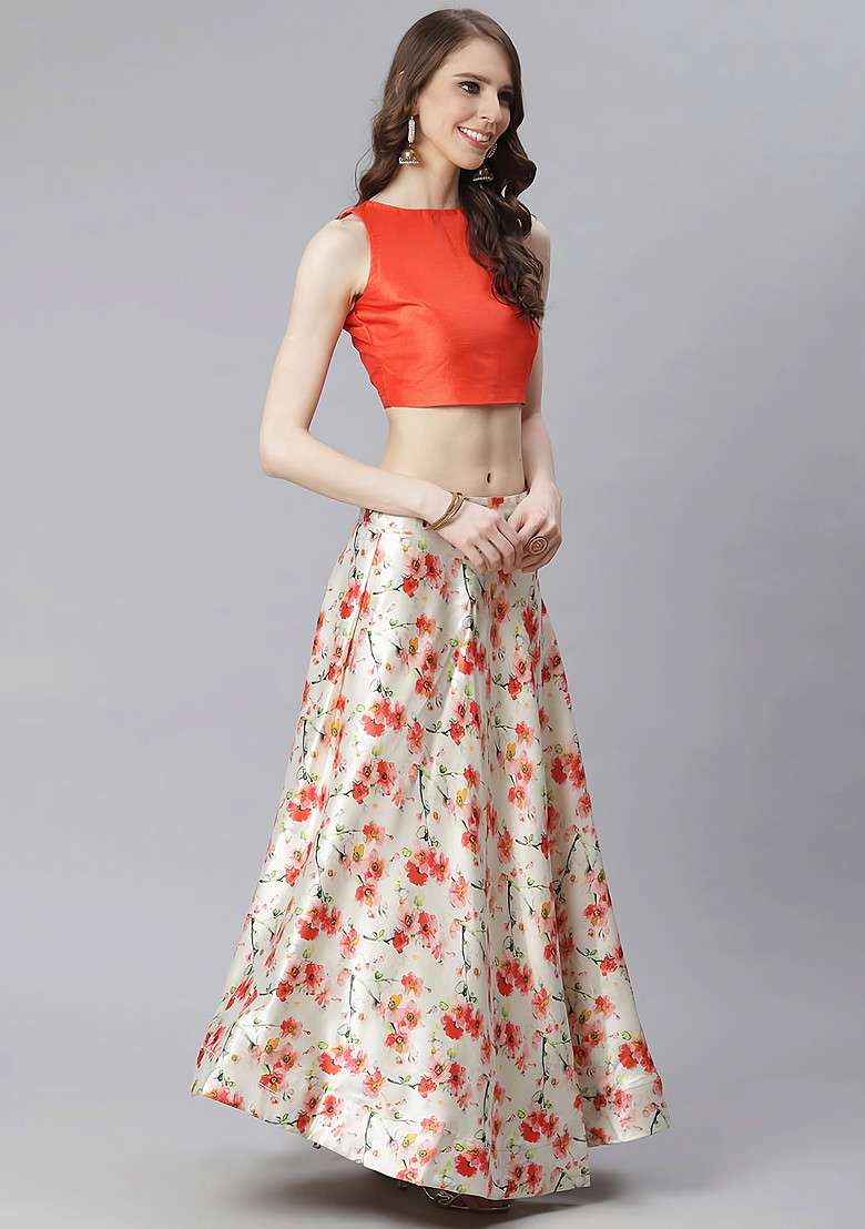 Dark Orange Satin Silk Blend Lehenga Set with Digital Print for Diwali | Wedding & Festive Wear - Indya