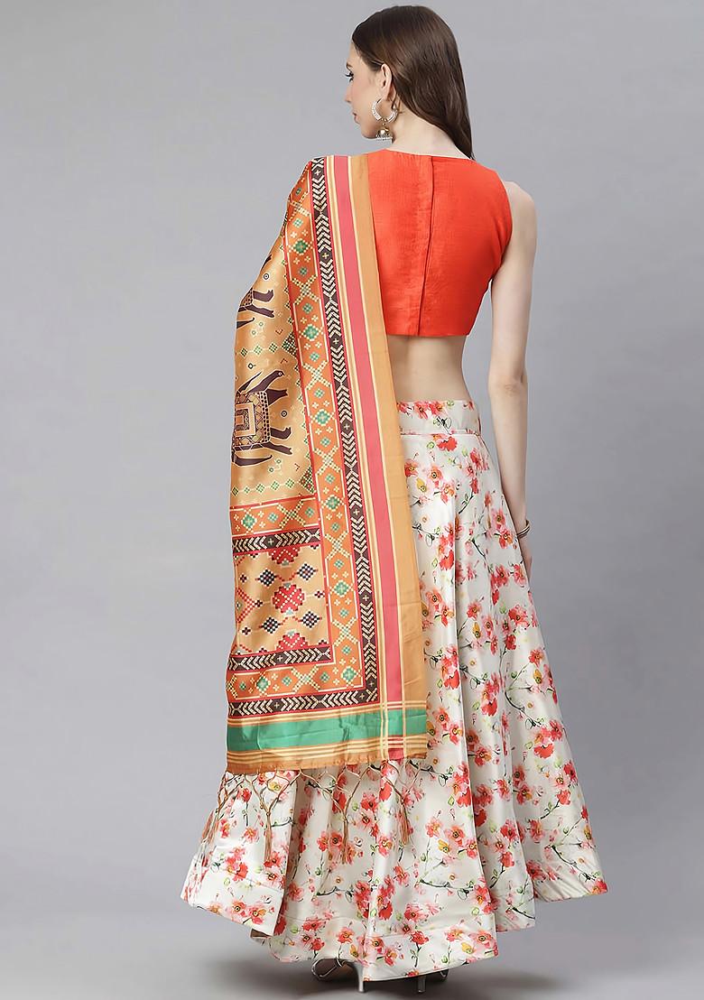 Dark Orange Digital Print Silk Satin Lehenga Set