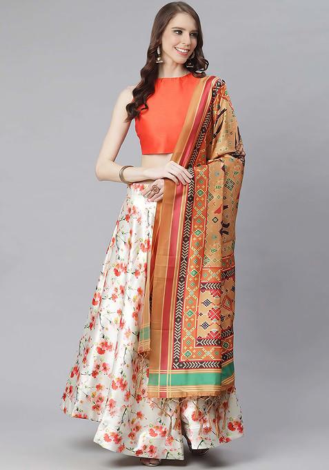 Dark Orange Digital Print Silk Satin Lehenga Set