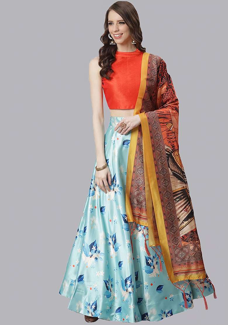 Orange Print Satin Silk Blend Lehenga Set for Diwali and Festive Wear - Indya