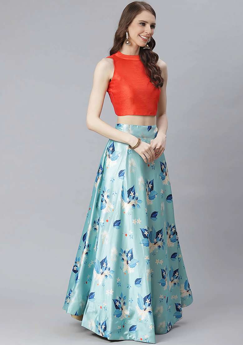 Orange Print Satin Silk Blend Lehenga Set for Diwali and Festive Wear - Indya