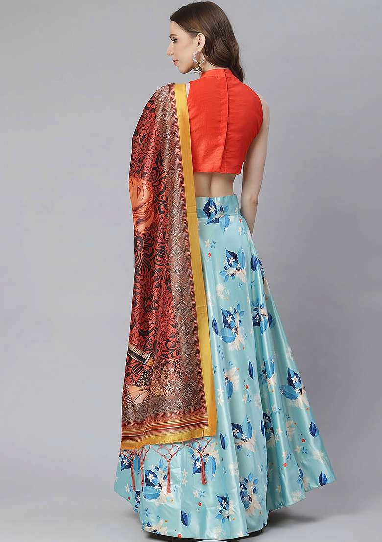 Orange Print Satin Silk Blend Lehenga Set for Diwali and Festive Wear - Indya