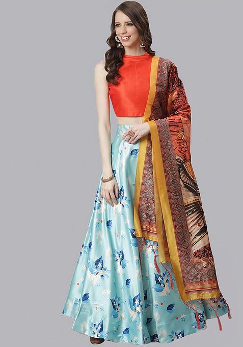 Orange Print Satin Silk Lehenga Set