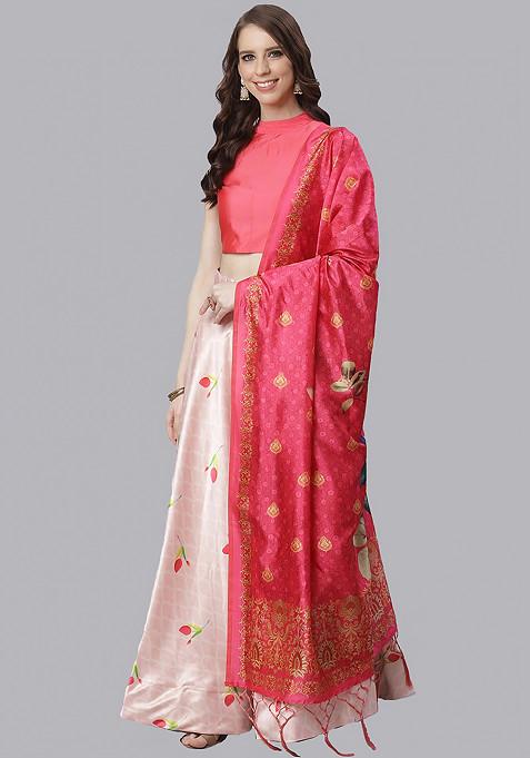 Dark Pink Digital Print Silk Satin Lehenga Set