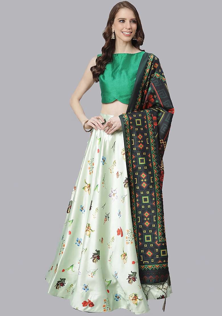 Green Printed Satin Silk Blend Lehenga Set for Diwali and Festive Wear - Indya