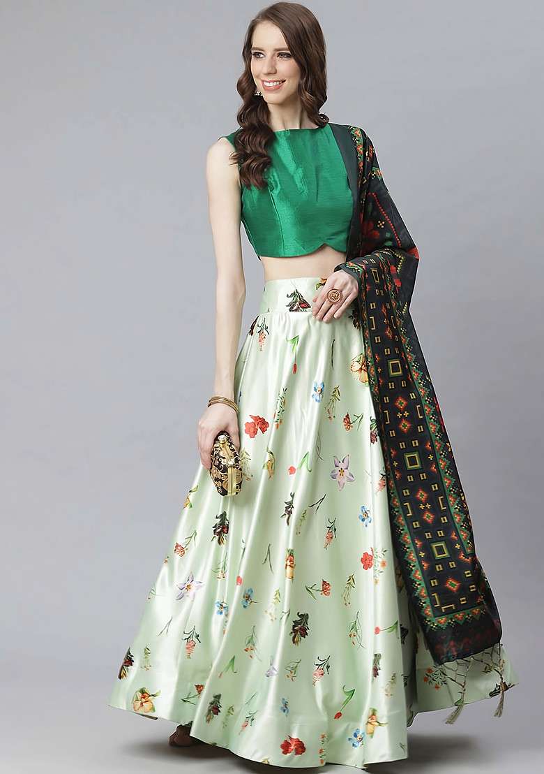 Green Printed Satin Silk Blend Lehenga Set for Diwali and Festive Wear - Indya