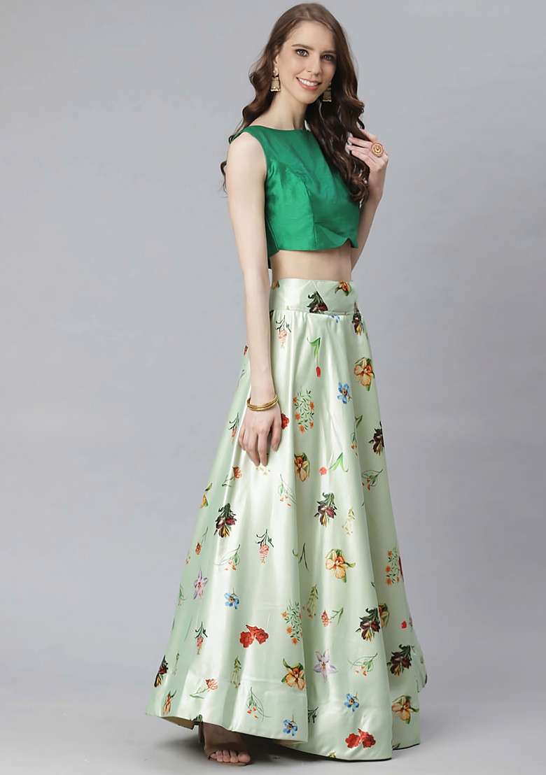Green Printed Satin Silk Blend Lehenga Set for Diwali and Festive Wear - Indya