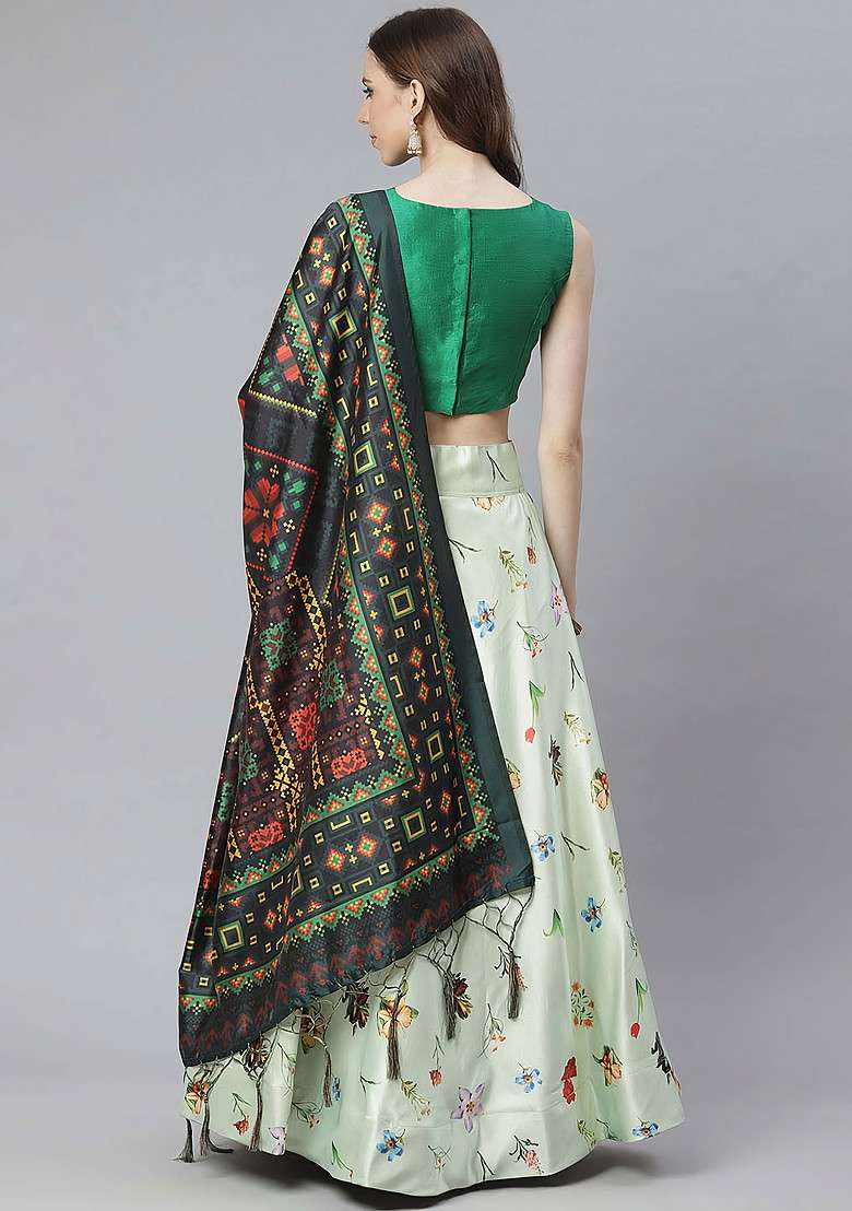 Green Printed Satin Silk Blend Lehenga Set for Diwali and Festive Wear - Indya