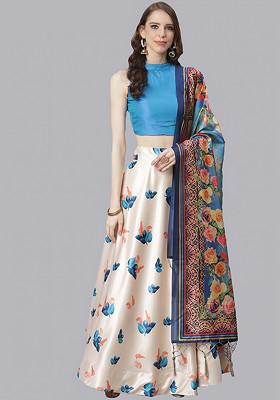Teal Printed Silk Satin Lehenga Set