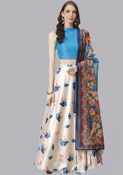 Teal Printed Silk Satin Lehenga Set