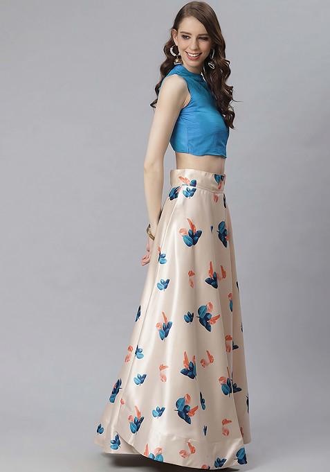 Teal Printed Silk Satin Lehenga Set