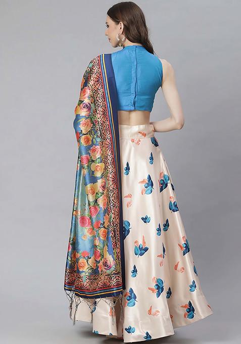 Teal Printed Silk Satin Lehenga Set