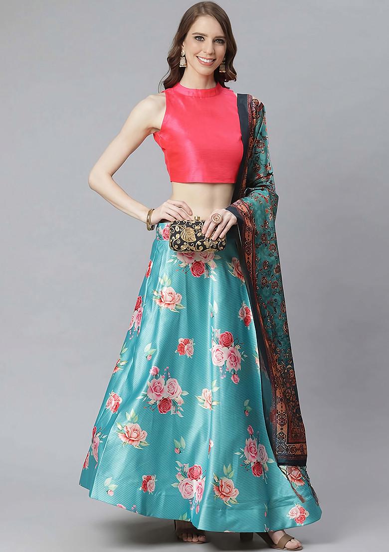 Light Pink Printed Silk Satin Lehenga Set