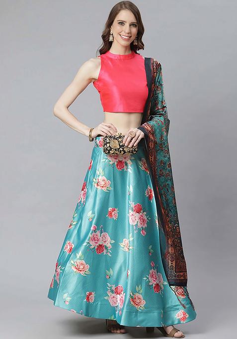 Light Pink Printed Silk Satin Lehenga Set