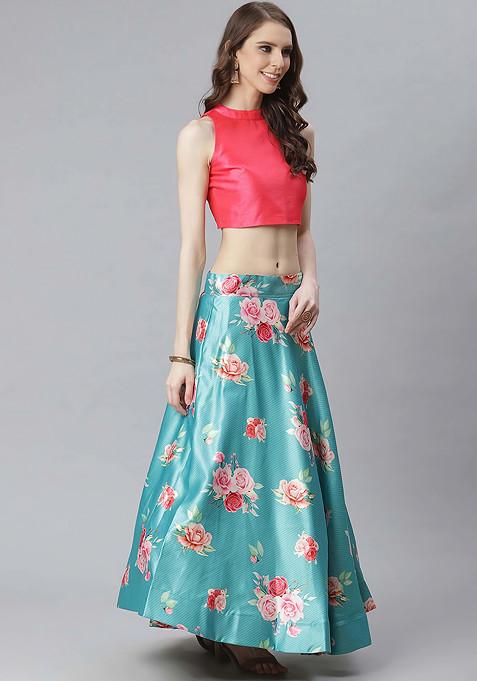 Light Pink Printed Silk Satin Lehenga Set