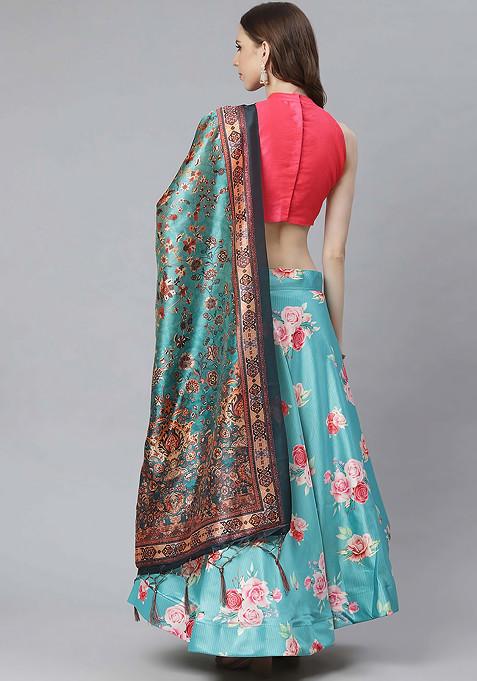 Light Pink Printed Silk Satin Lehenga Set