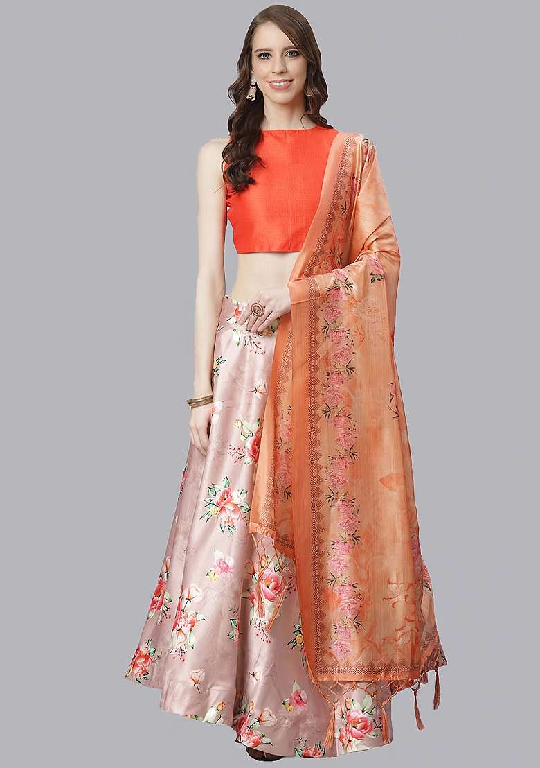 Orange Printed Silk Blend Satin Lehenga Set for Diwali and Festive Wear - Indya