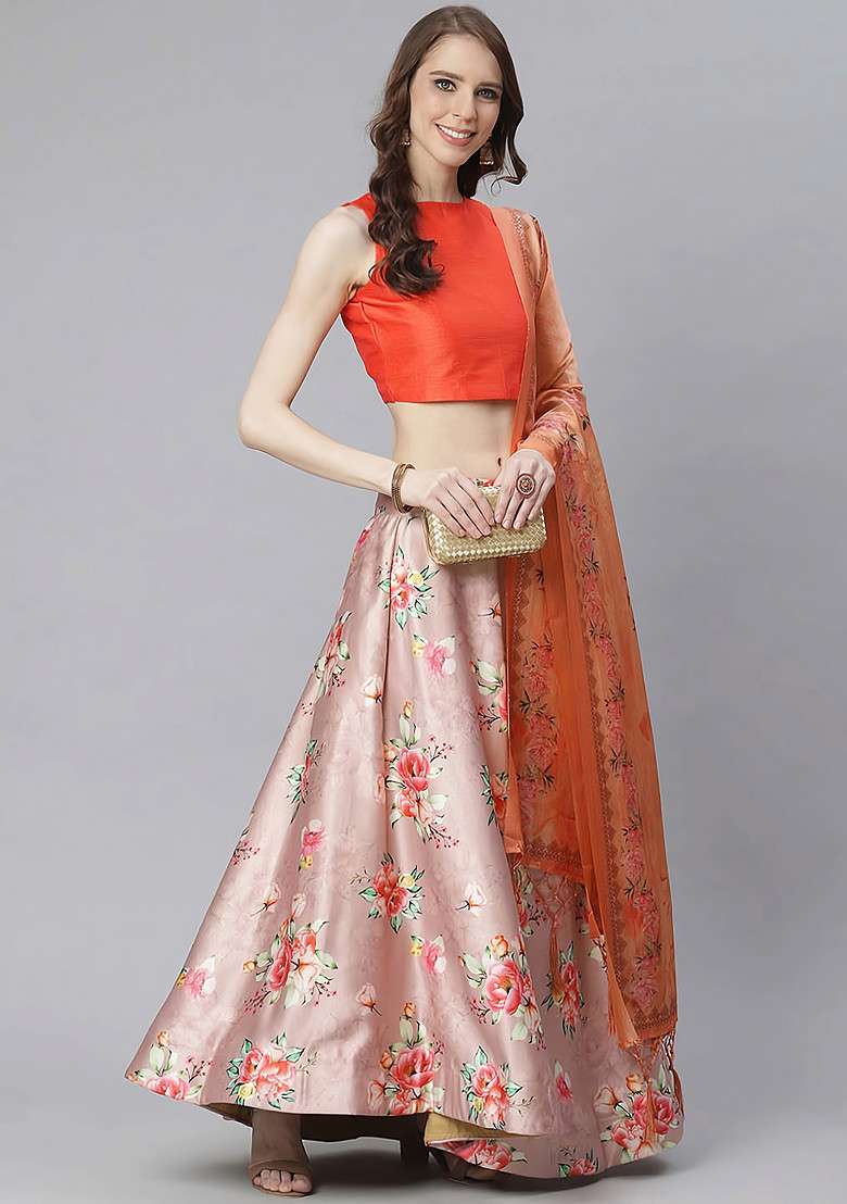 Orange Printed Silk Blend Satin Lehenga Set for Diwali and Festive Wear - Indya
