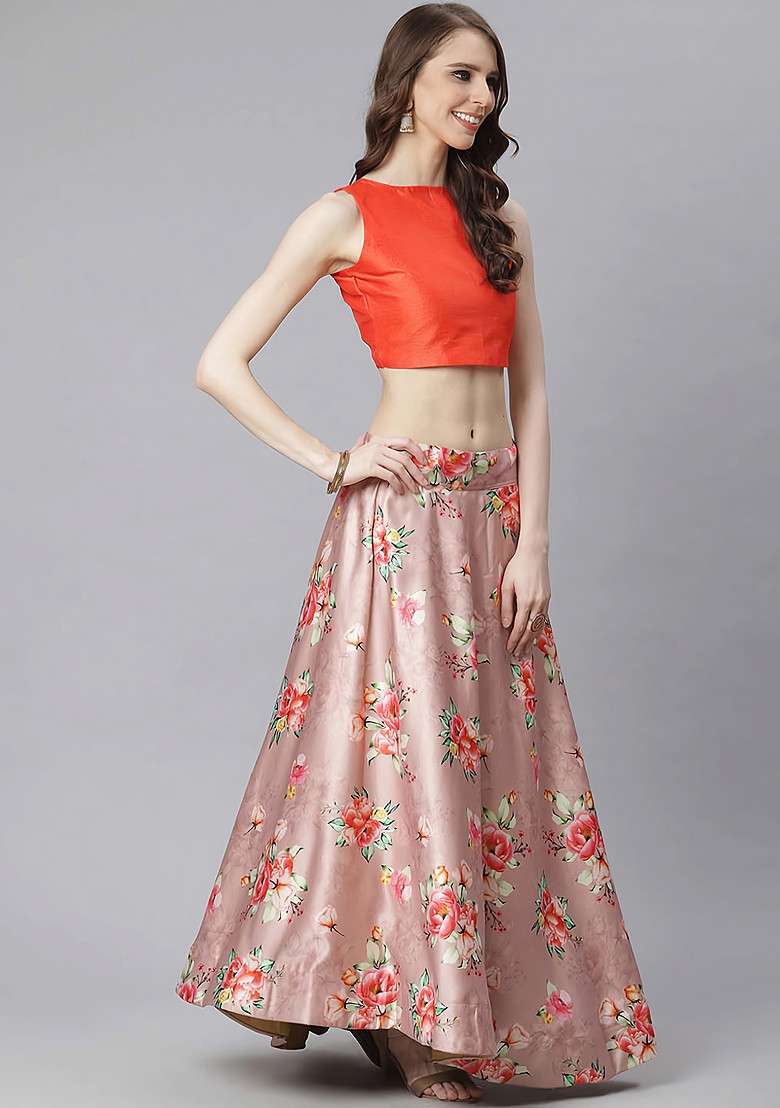 Orange Printed Silk Blend Satin Lehenga Set for Diwali and Festive Wear - Indya
