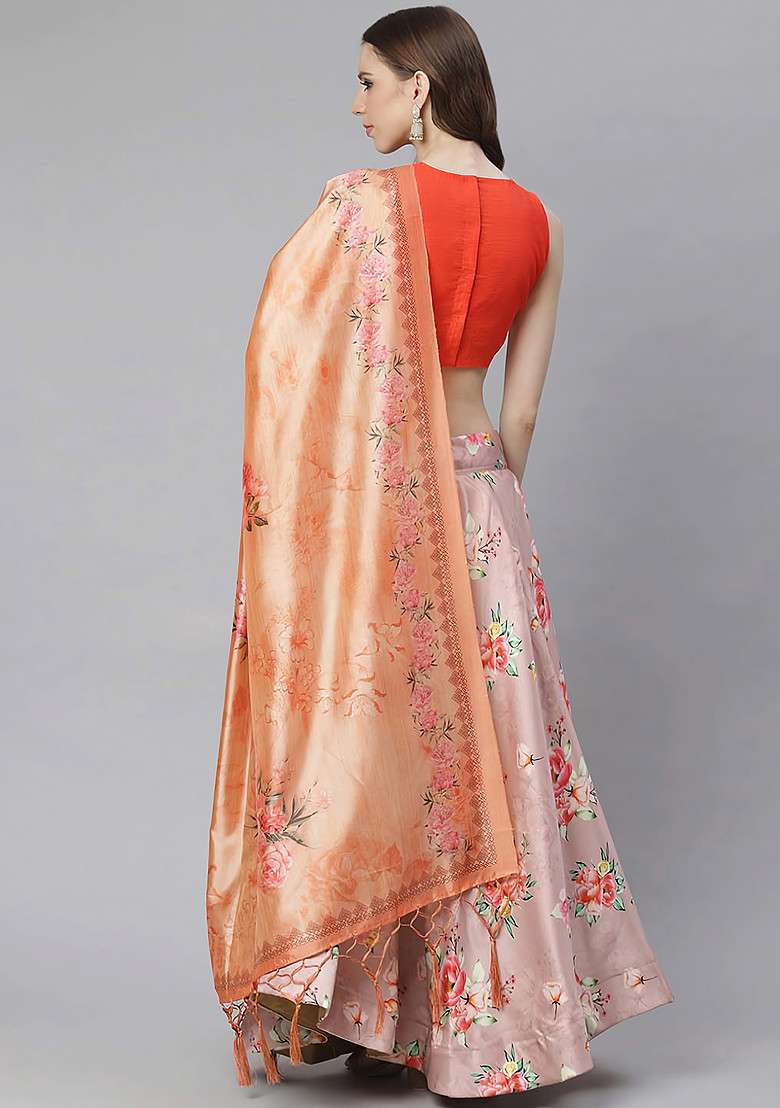 Orange Printed Silk Blend Satin Lehenga Set for Diwali and Festive Wear - Indya
