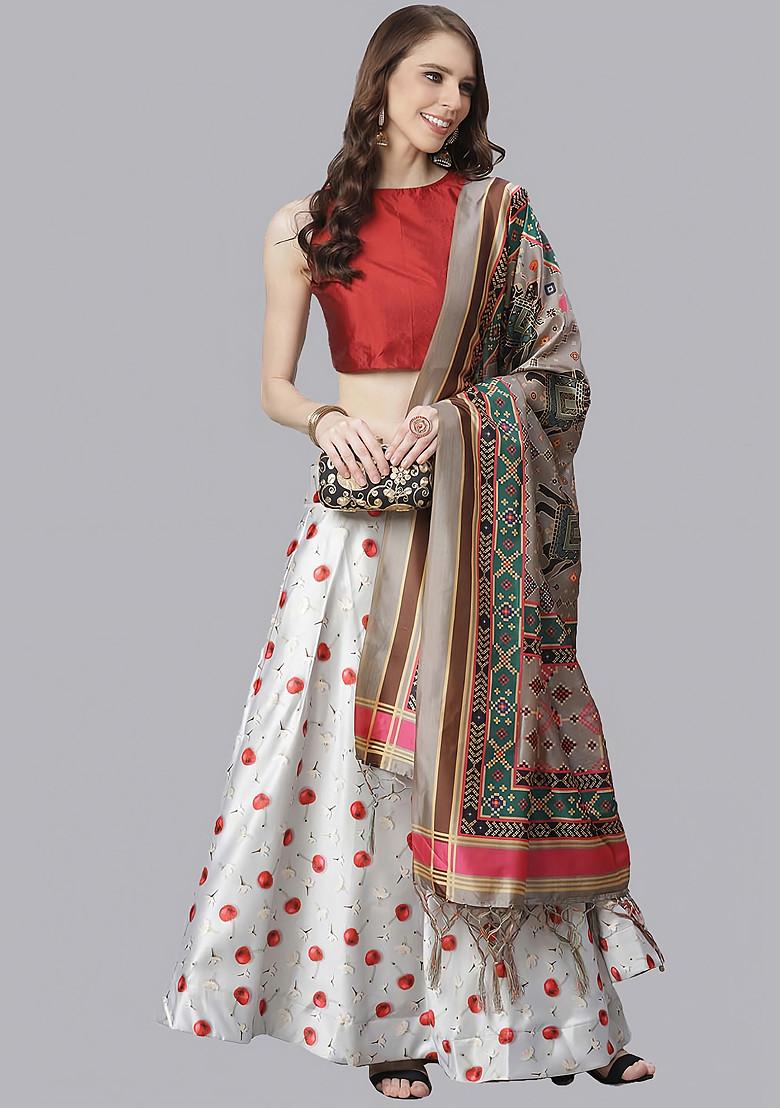 Maroon Printed Silk Satin Lehenga Set