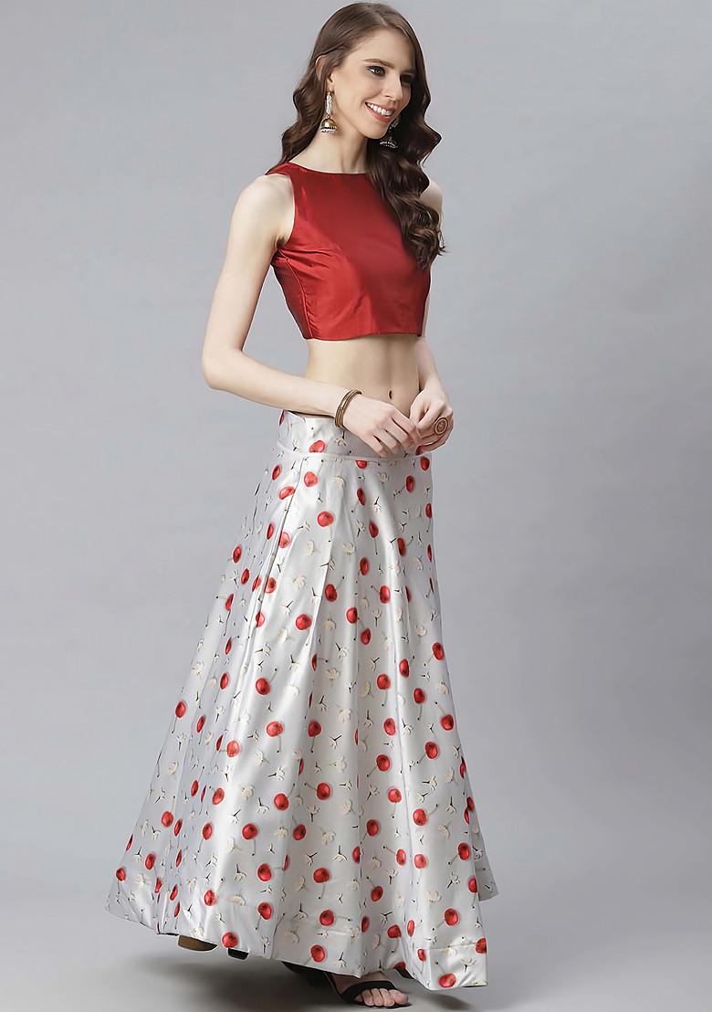 Maroon Printed Silk Satin Lehenga Set