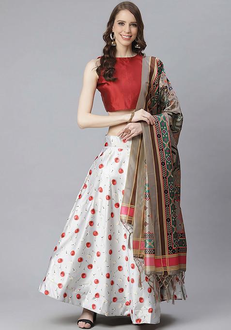 Maroon Printed Silk Satin Lehenga Set