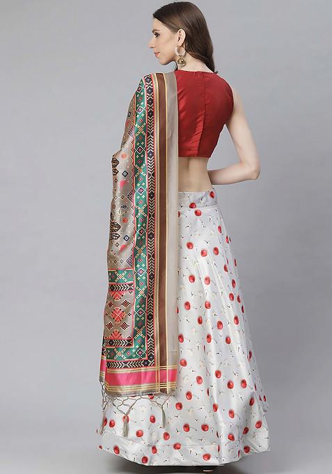 Maroon Printed Silk Satin Lehenga Set