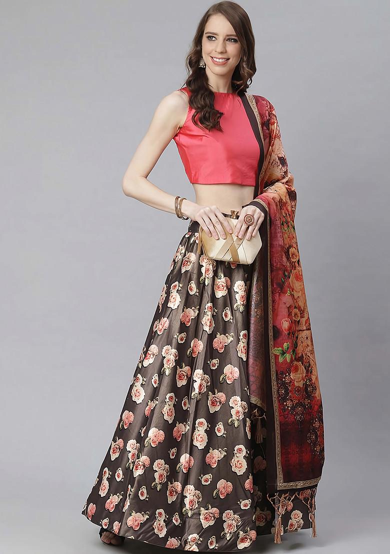 Deep Pink Printed Satin Silk Lehenga Set