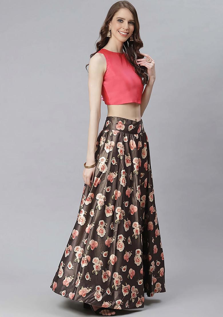 Deep Pink Printed Satin Silk Lehenga Set