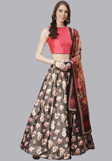 Deep Pink Printed Satin Silk Lehenga Set