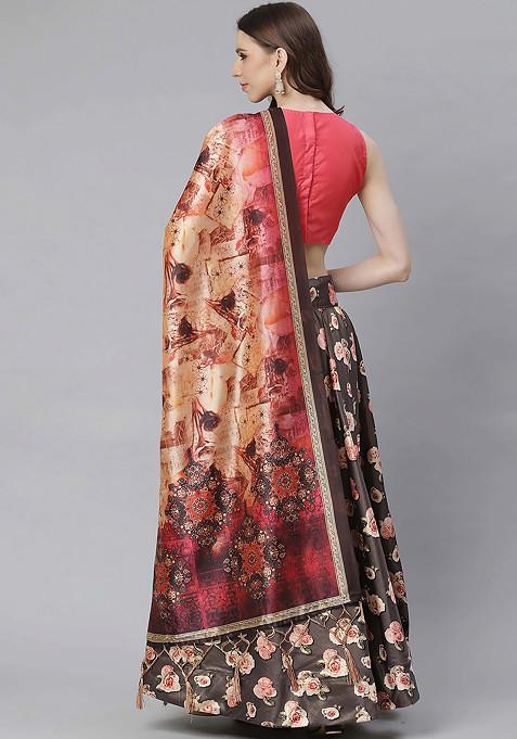 Deep Pink Printed Satin Silk Lehenga Set