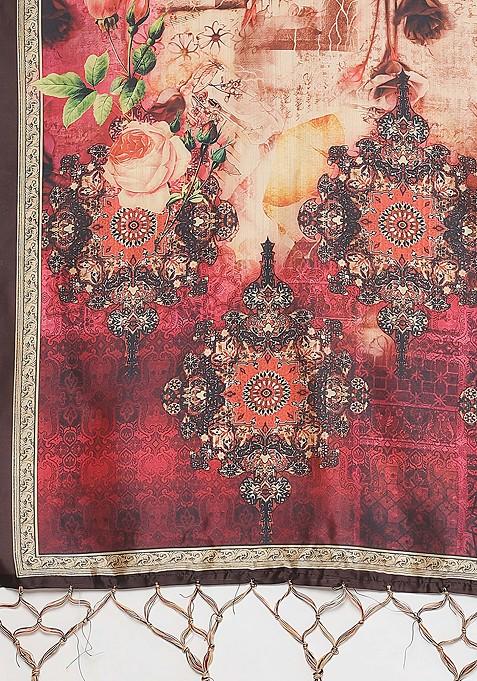 Deep Pink Printed Satin Silk Lehenga Set