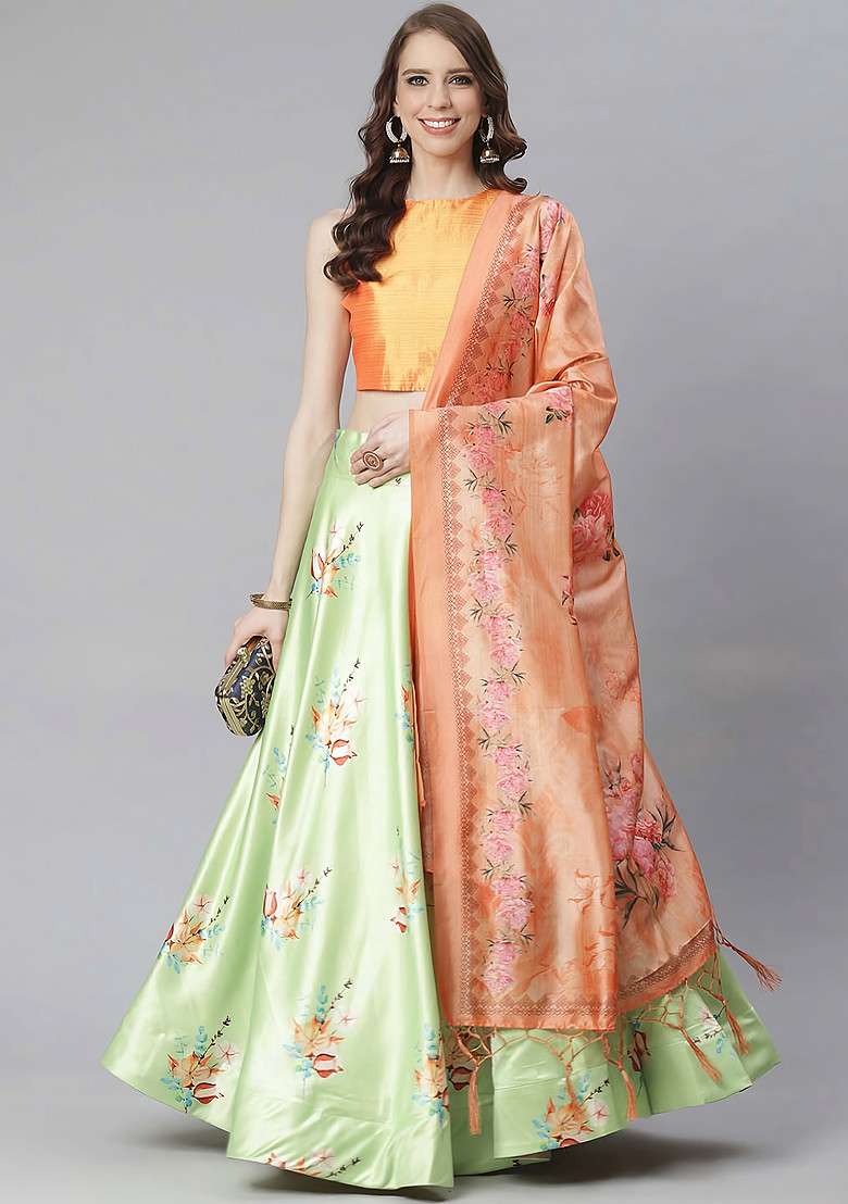 Dark Orange Satin Silk Blend Lehenga Set with Digital Print for Diwali | Wedding & Festive Wear - Indya