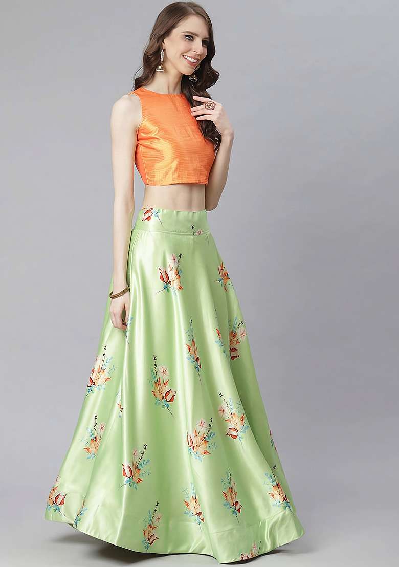 Dark Orange Satin Silk Blend Lehenga Set with Digital Print for Diwali | Wedding & Festive Wear - Indya