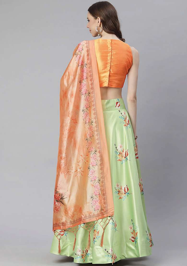 Dark Orange Satin Silk Blend Lehenga Set with Digital Print for Diwali | Wedding & Festive Wear - Indya