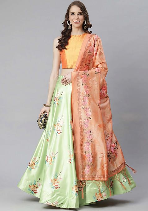 Dark Orange Digital Print Silk Satin Lehenga Set