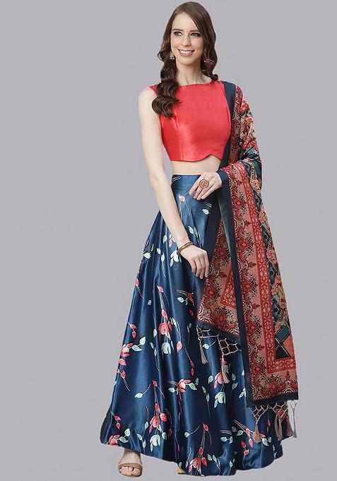 Pink Digital Print Silk Satin Lehenga Set