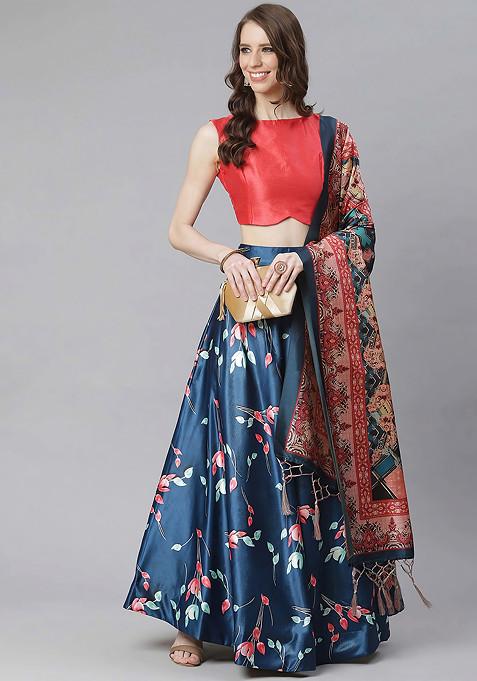Pink Digital Print Silk Satin Lehenga Set