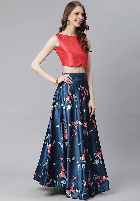 Pink Digital Print Silk Satin Lehenga Set