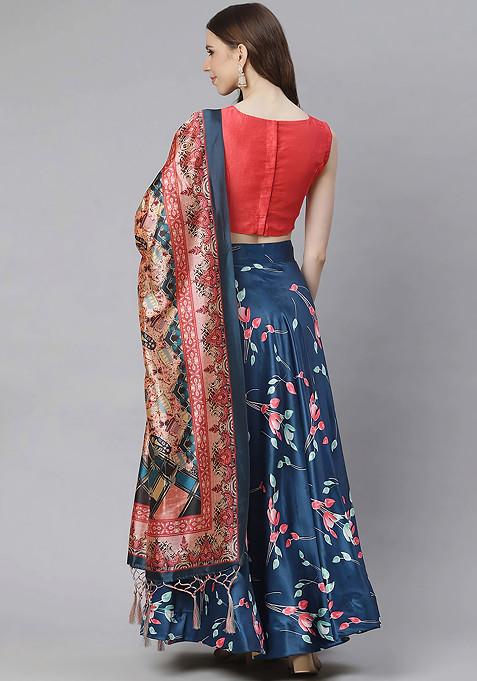 Pink Digital Print Silk Satin Lehenga Set