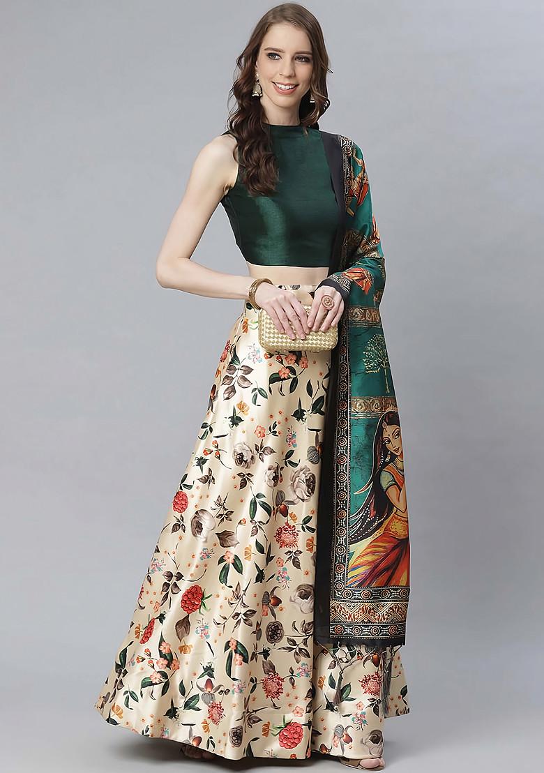 Dark Green Digital Print Satin Silk Lehenga Set