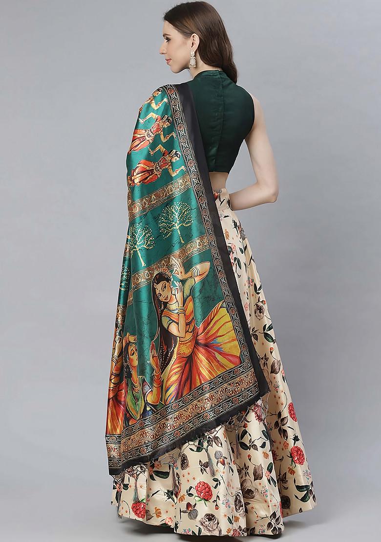 Dark Green Digital Print Satin Silk Lehenga Set