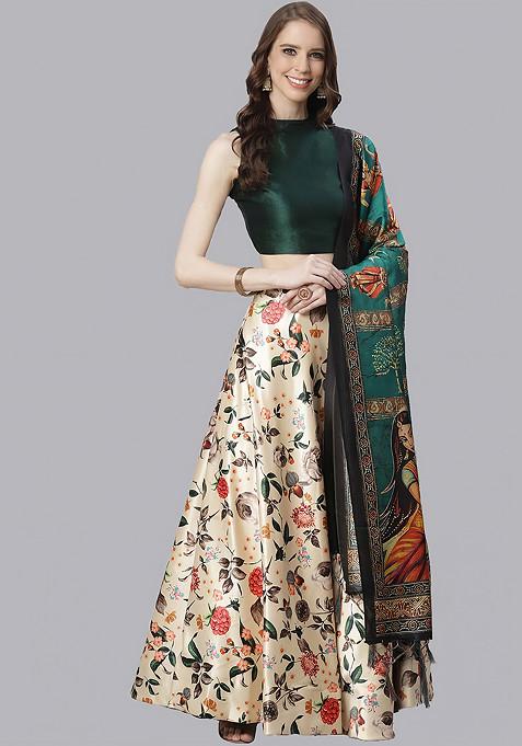 Dark Green Digital Print Satin Silk Lehenga Set