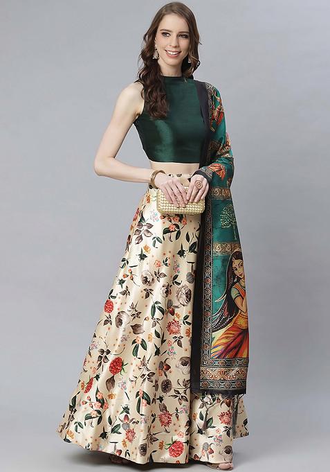 Dark Green Digital Print Satin Silk Lehenga Set