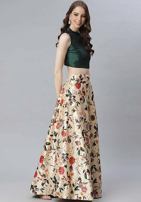 Dark Green Digital Print Satin Silk Lehenga Set