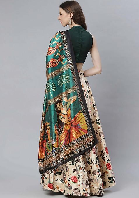 Dark Green Digital Print Satin Silk Lehenga Set