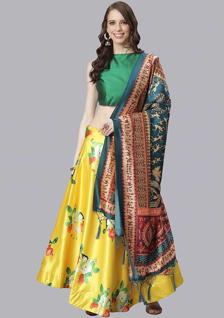 Green Digital Print Satin Silk Blend Lehenga Set for Diwali and Festive Wear - Indya