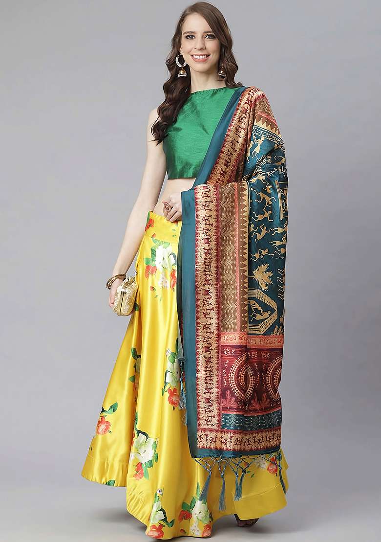 Green Digital Print Satin Silk Blend Lehenga Set for Diwali and Festive Wear - Indya