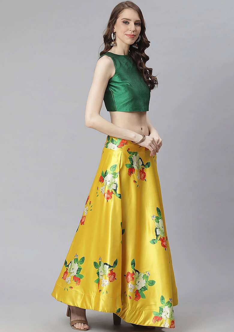 Green Digital Print Satin Silk Blend Lehenga Set for Diwali and Festive Wear - Indya